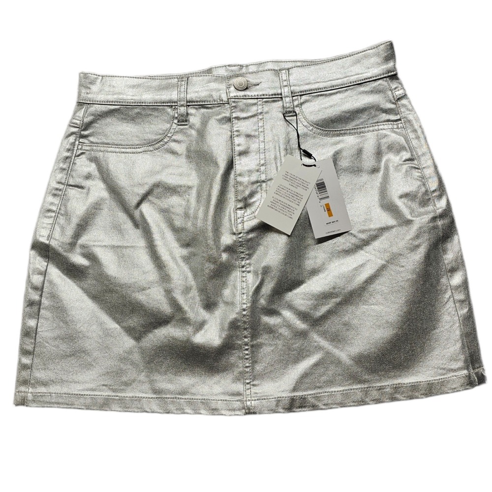 Calvin Klein Mini Skirt Womens 29 Silver Metallic High Rise Stretch‎ CJRK9588